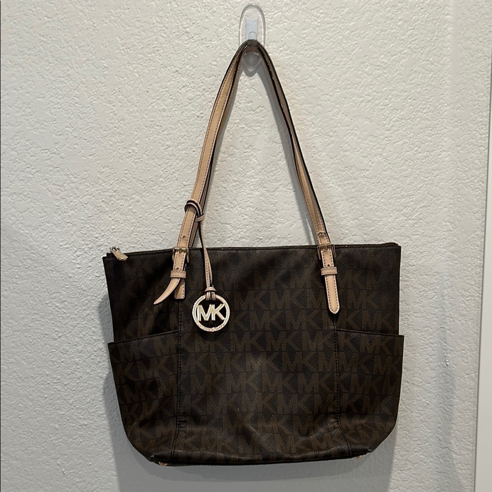MICHAEL Michael Kors Brown Signature Coated‎ Leather Jet Set East West Tote